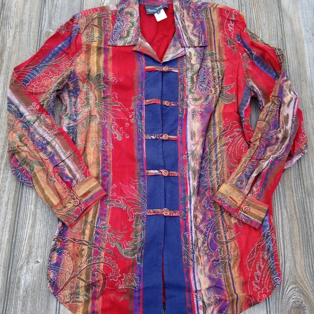 Vintage  Boho Patterned Bonnie Boynton Button Down Front Colorful Blouse Top